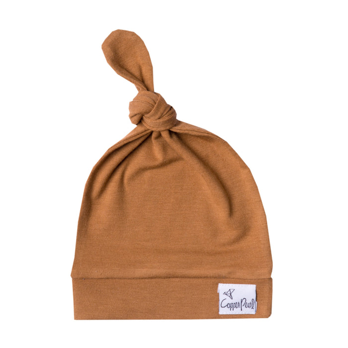 Copper Pearl Newborn Top Knot Hat - Camel