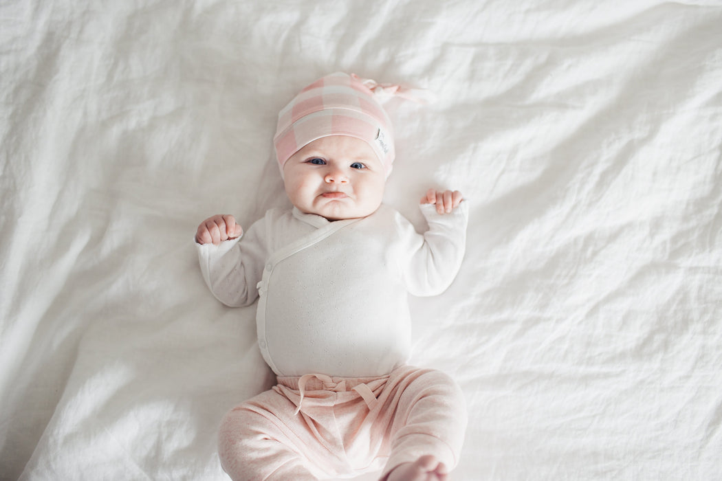 Copper Pearl Newborn Top Knot Hat - London