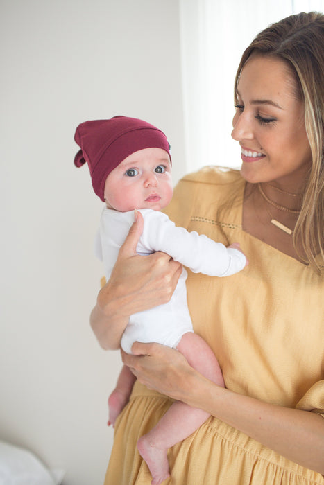 Copper Pearl Newborn Top Knot Hat - Ruby