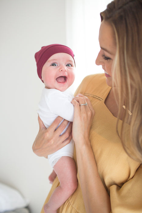 Copper Pearl Newborn Top Knot Hat - Ruby