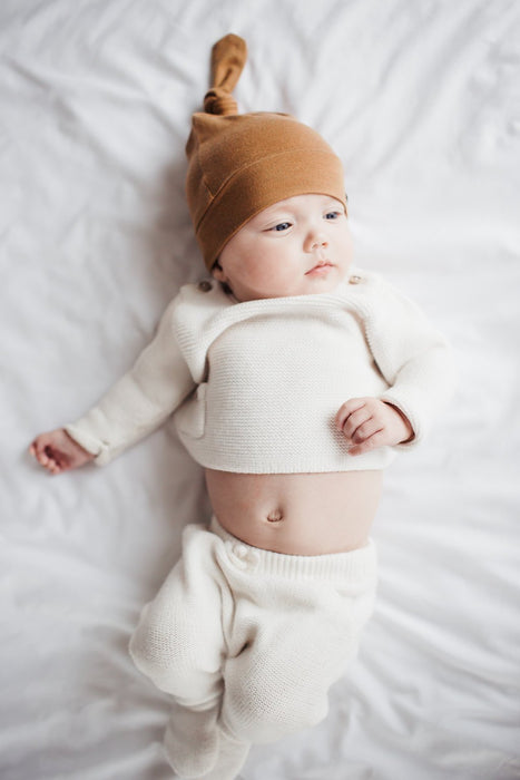 Copper Pearl Newborn Top Knot Hat - Camel