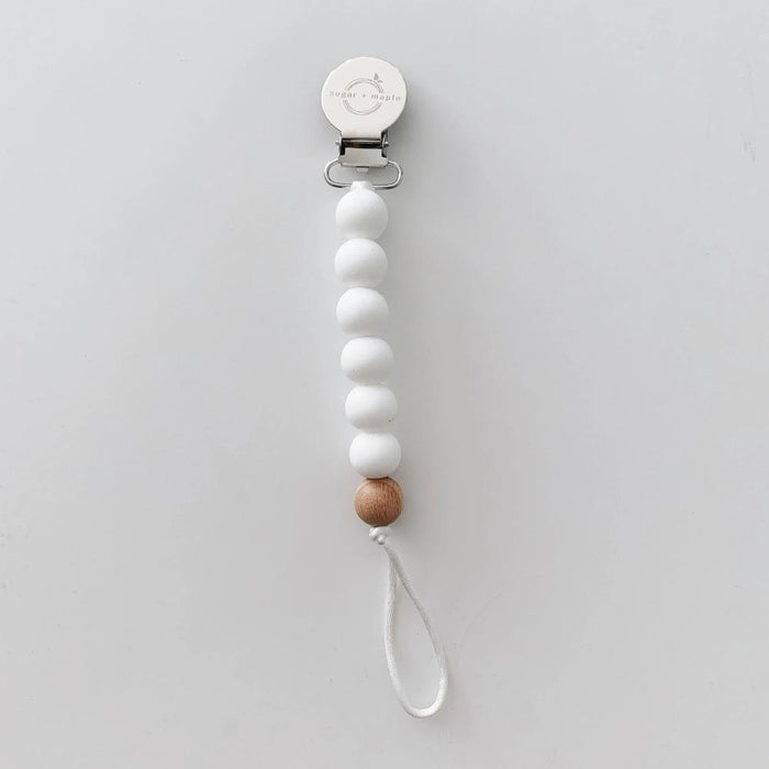 Pacifier + Teether Clip- Silicone with 1 Beechwood Bead - White