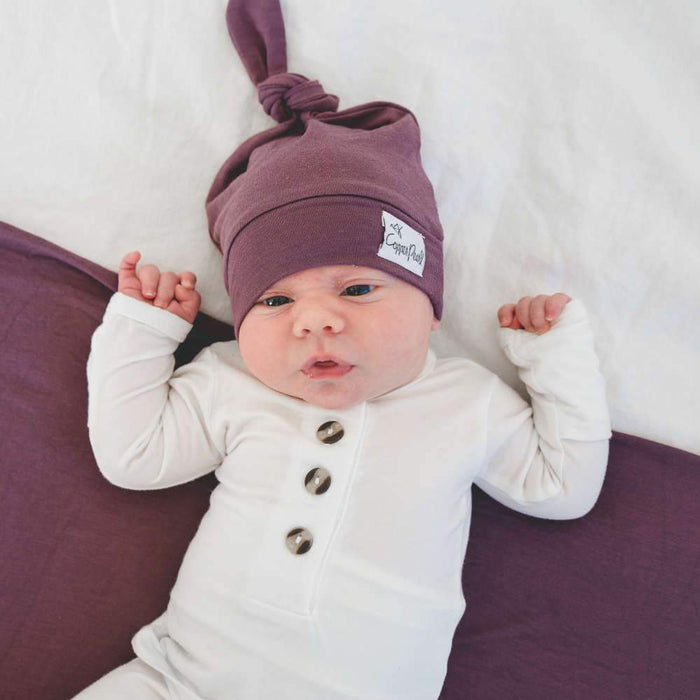 Copper Pearl Newborn Top Knot Hat - Plum